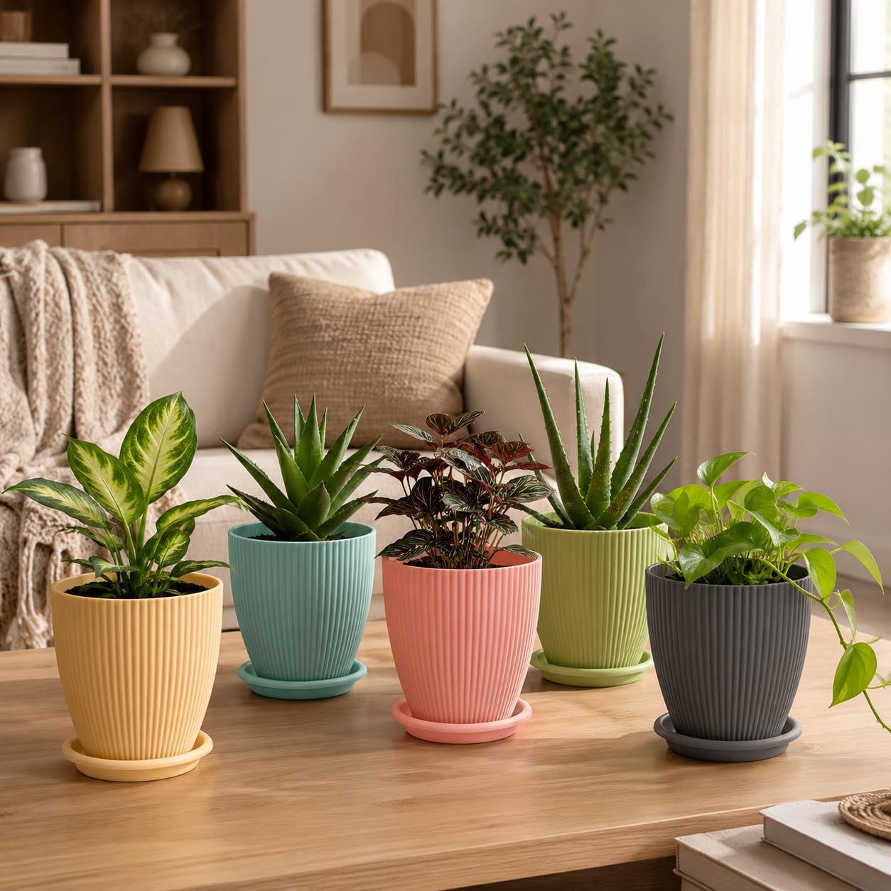 Light Brown Flower Pots Set of 5 - Modern Plant Planters -23 Light Brown Flower Pots Set of 5 - Modern Plant Planters -23