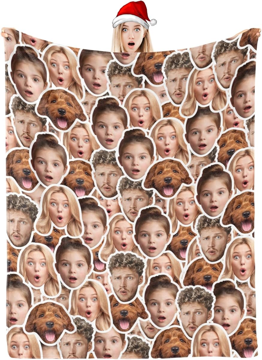 D-Story Ships Next Day, Funny Valentines Gift for Couples Custom Face Blanket with Family Members Pictures, Husband Kid Dog Face for Fiance Wife Birthday Gifts for Friends Sister