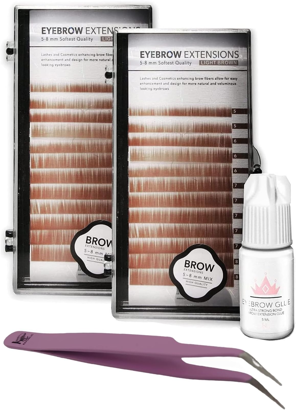 Lash Eyebrow Extensions Kit with 2 Trays of Mink False Eyebrows in Blonde/Light Brown, Glue Clear & Extension Tweezers, Comes on Mixed Length 5-8 mm (Light Brown 2-Pack, Violet Tweezer)