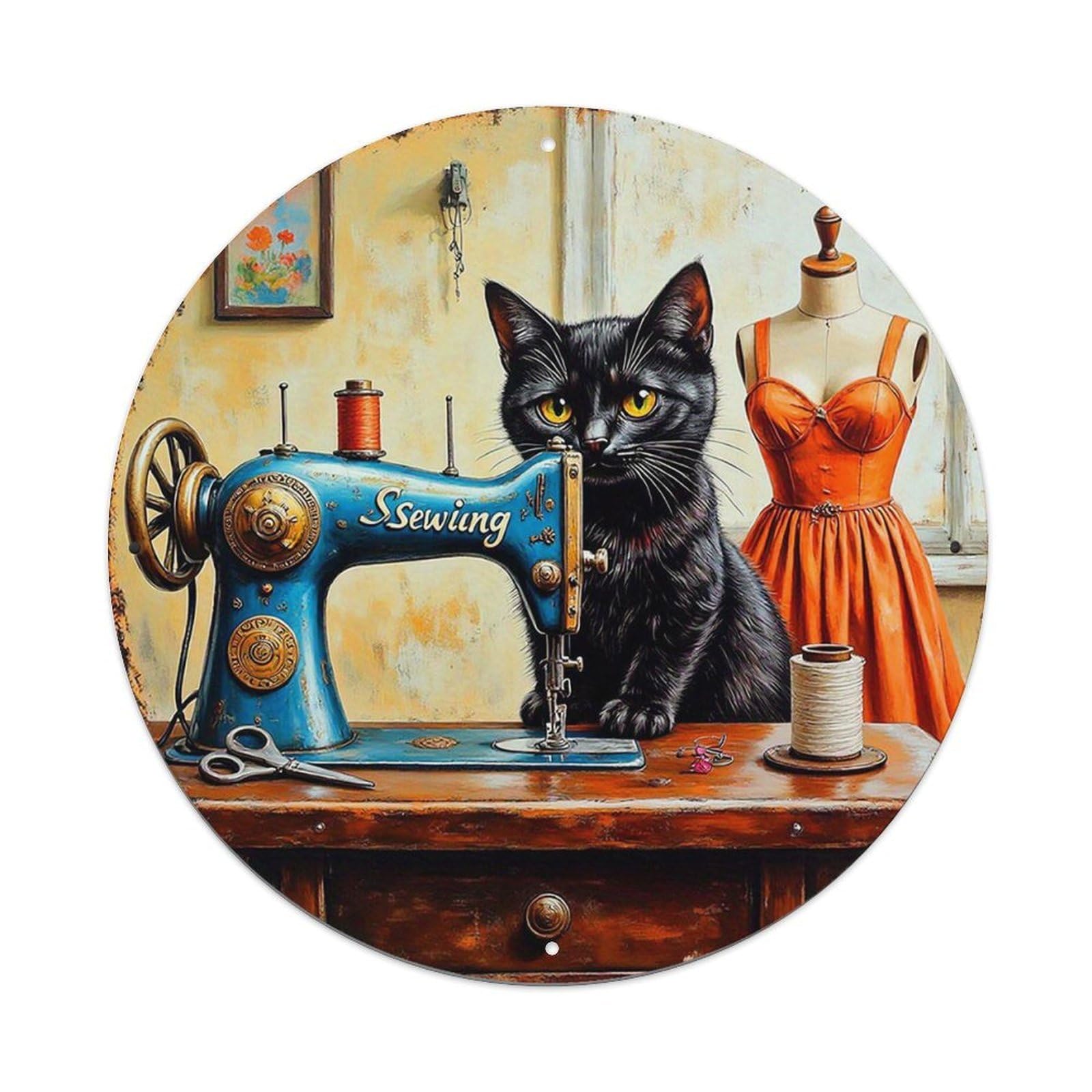 Black Cat Sewing Machine Scene Metal Tin Sign Plaque