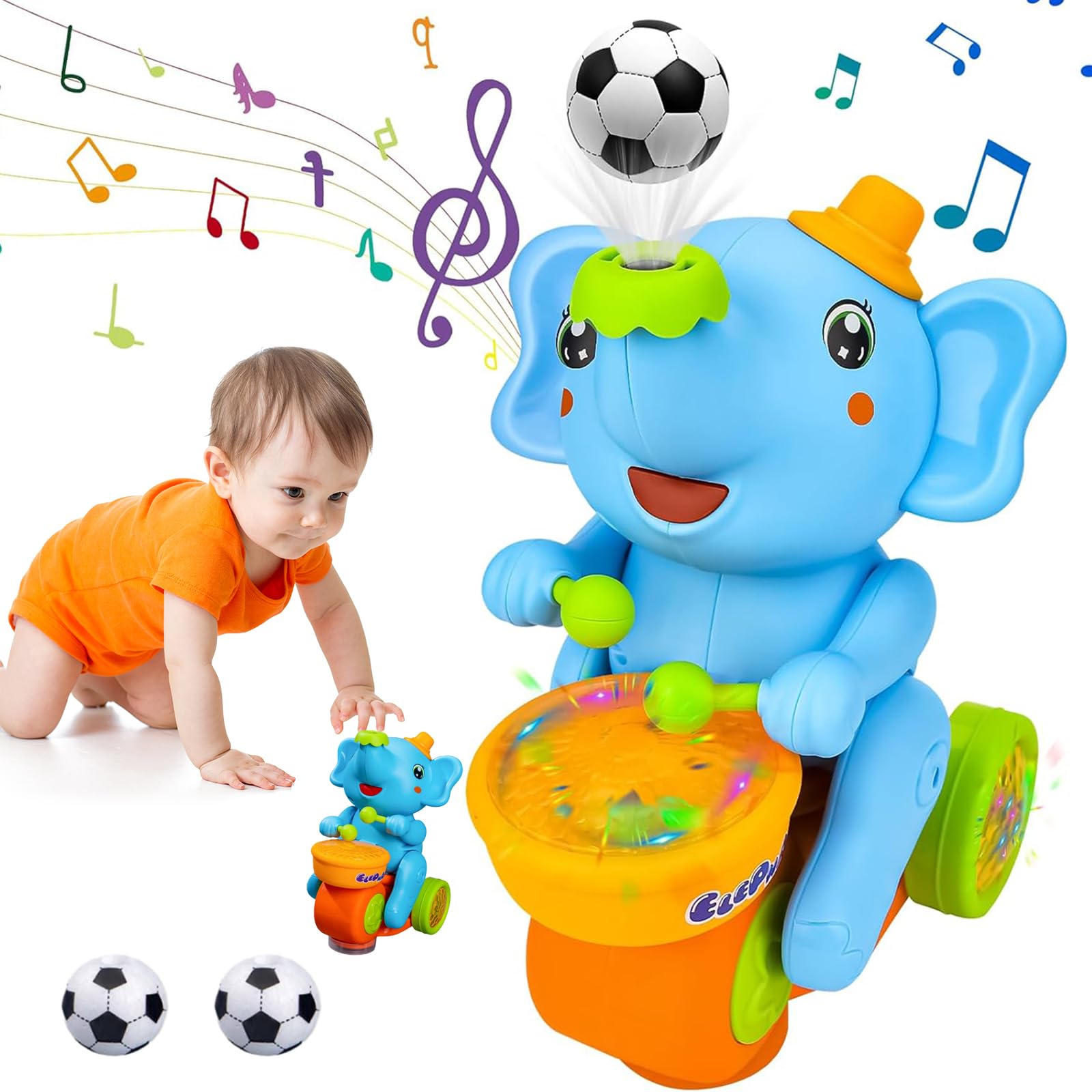 Elefante Gatear Juguetes Niños 1 Año, Musical Juguetes Bebes con Luces y Tambor, Elefante Soplar Pelota Andar Coche Juguete, Juguetes Montessori con Educativos para Niños De 1 2 3 Años Niñas (Azul)
