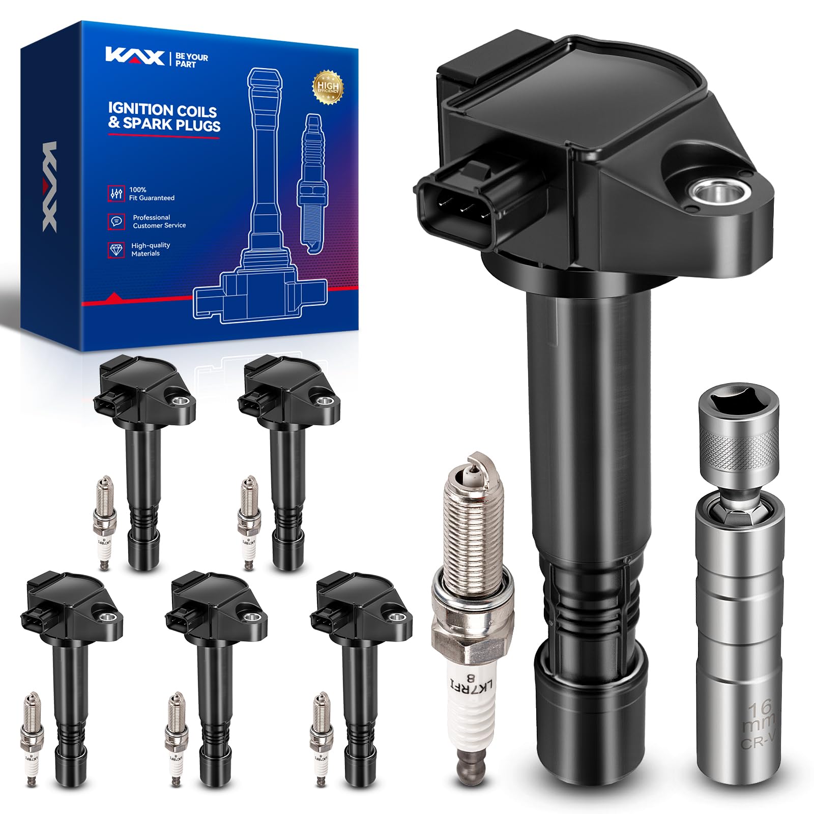 KAX Set of 6 Ignition Coil Pack & Iridium Spark Plugs w/Tool for Honda Pilot 2016-2019, Odyssey 2018-2019, Accord 2013-2017, Acura RDX 2016-2018, TLX 2015-2019, RLX 2014-2019, 3.5L UF713