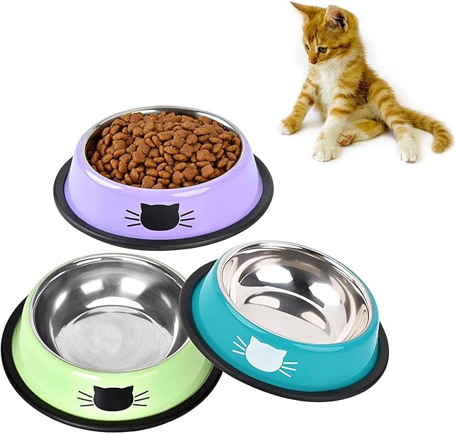 SUOXU Cat Bowls, Stainless Steel Colorful Cat Food Bowl, Non-slip Pet Water Bowl, Puppies Feeding Bowl, Set of 3 Metal Cat Bowl With Silent Pet Feeding(Blue/Purple/Green)