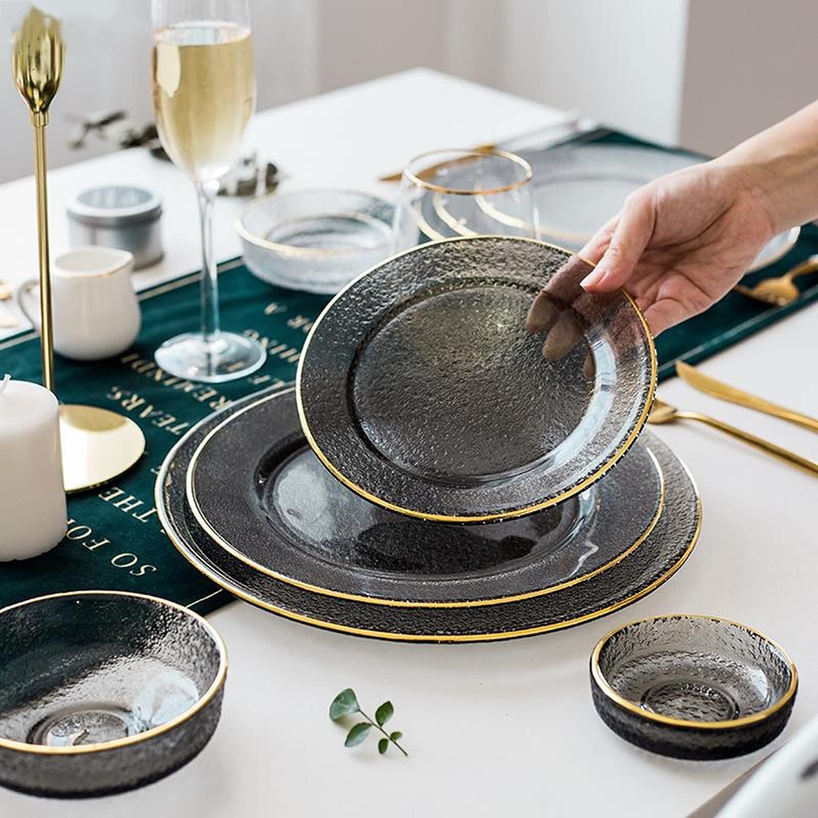 caihuashopping Salaterka szklana Home Dinnerwareround złota krawędź szkło kryształowe ceramika miska do sałatek przezroczysta miska na śniadanie miska na owoce łatwa do czyszczenia (2 sztuki) miska do serwowania