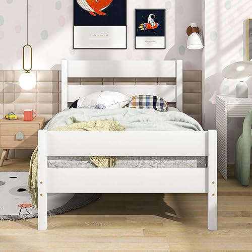Base de cama de plataforma de madera de tamaño individual con cabecera y estribo de estilo moderno, marco de cama de madera con patas de soporte
