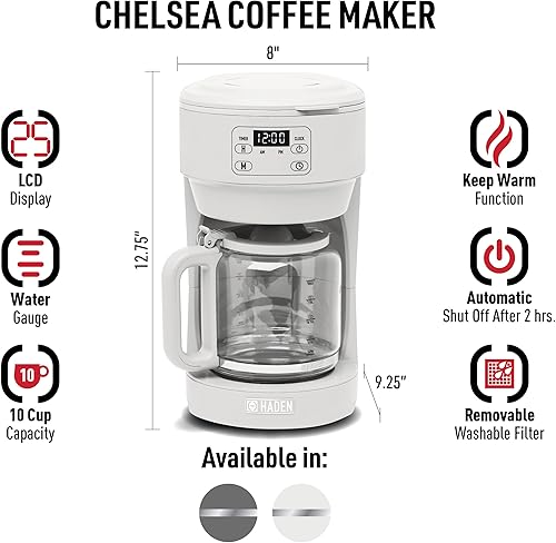Miniatura 2 de Haden Chelsea - Cafetera digital de goteo de 10 tazas con jarra de vidrio, marfil y cromo Marfil/cromo