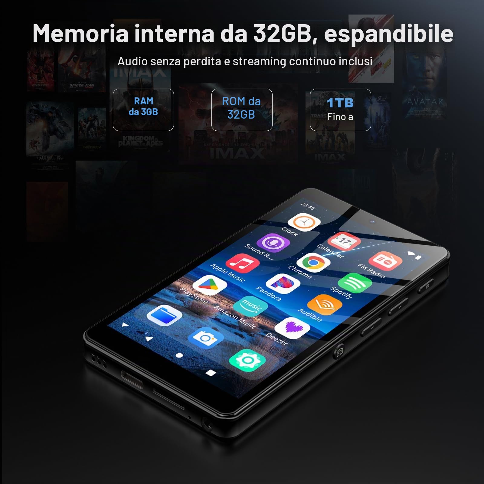 32GB Lettore MP3 con Bluetooth e WiFi, Fotocamera, Oilsky 4,02" Android 13 Lettore Musicale HD con Spotify, Audible, Deezer, MP3 MP4 Touchscreen e Altoparlanti