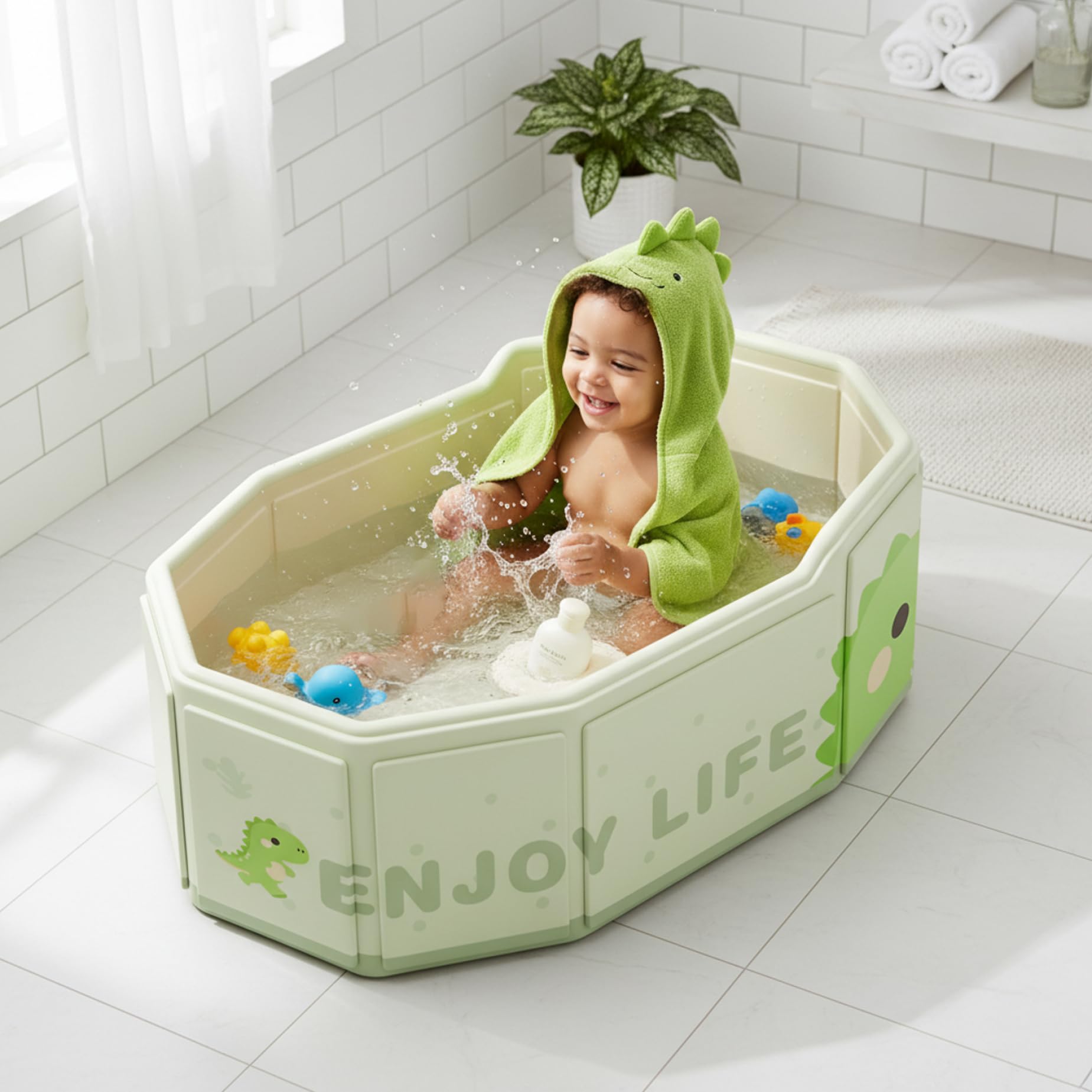 Bañera plegable para bebé, bañera portátil de 29, 5x17, 7 pulgadas con base antideslizante y tapón de drenaje, bañeras para bebés para bebés y niños pequeños, dinosaurio