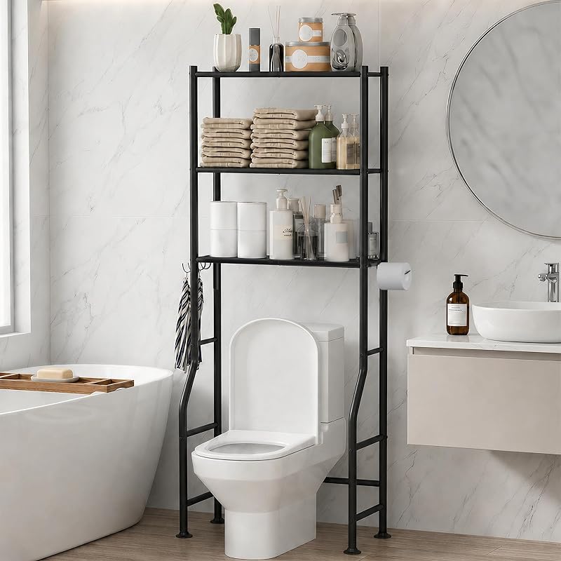 GloTika Almacenamiento sobre inodoro de 3 niveles, antiinclinación, 64" H, negro | Sistema de seguridad antiinclinación, capacidad de 150 lb, acero al carbono, independiente, sin perforación, revestimiento antioxidante, soporte para papel y 4 ganchos