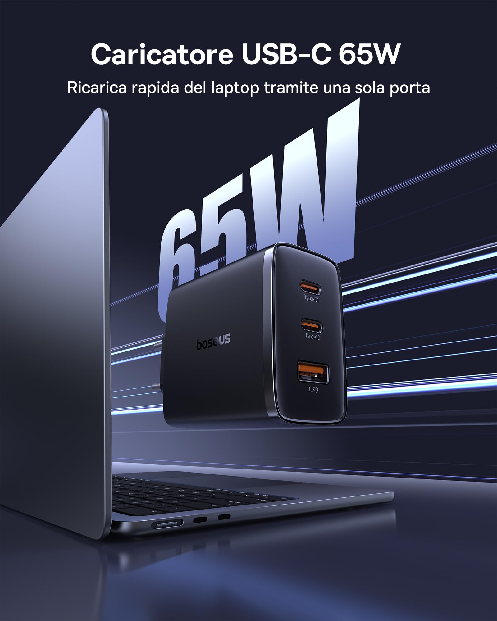 Baseus - Caricatore con USB C, 65 W, USB C, 3 Porte PD con PPS, al Nitruro di Gallio (GaN), per MacBook Pro/Air, Serie iPhone 16/15/14/13/12, iPad Pro, Galaxy S25 Ultra, S24-S20, ecc.