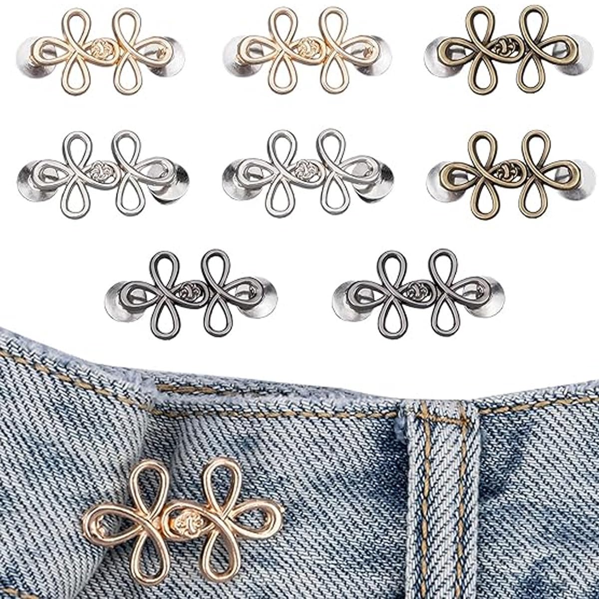 NoraGlaze 8PCS Adjustable Waist Tightener Clips for Jeans and Trousers - No Sew Button Pins for Loose Waistbands - Detachable Waist Adjusters for Skirts, Dresses, Jackets and Denim in 4 Mixed Colours