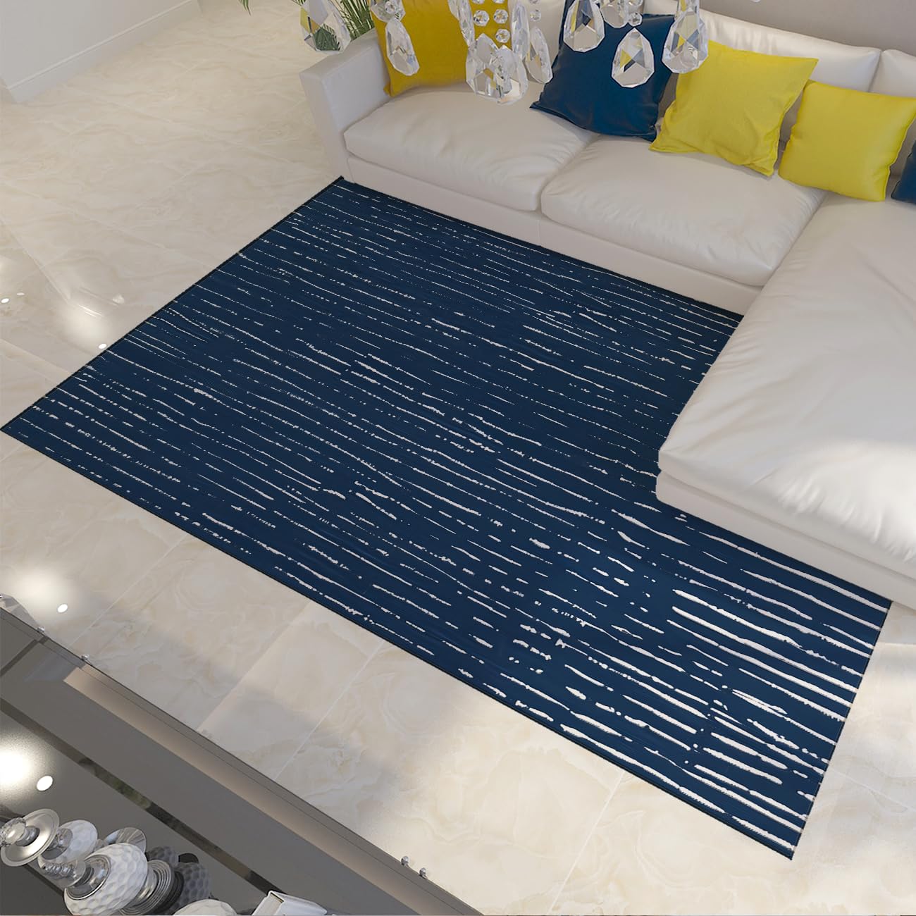 180x210cm Descente de lit Bleu marine Rayures abstraites Poils courts