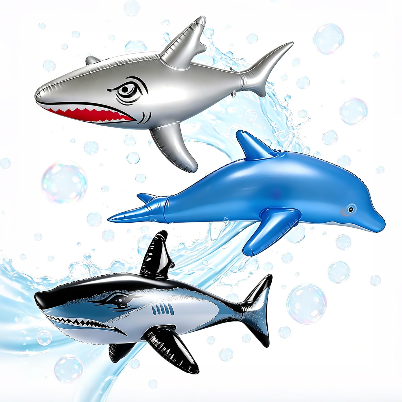 Inflatable Shark and Dolphin Pool Toys, Three Swimming Pool Inflatables for Ocean-Themed Parties and Beach Outings, Set Includes 80cm Shark and 53cm Dolphin
