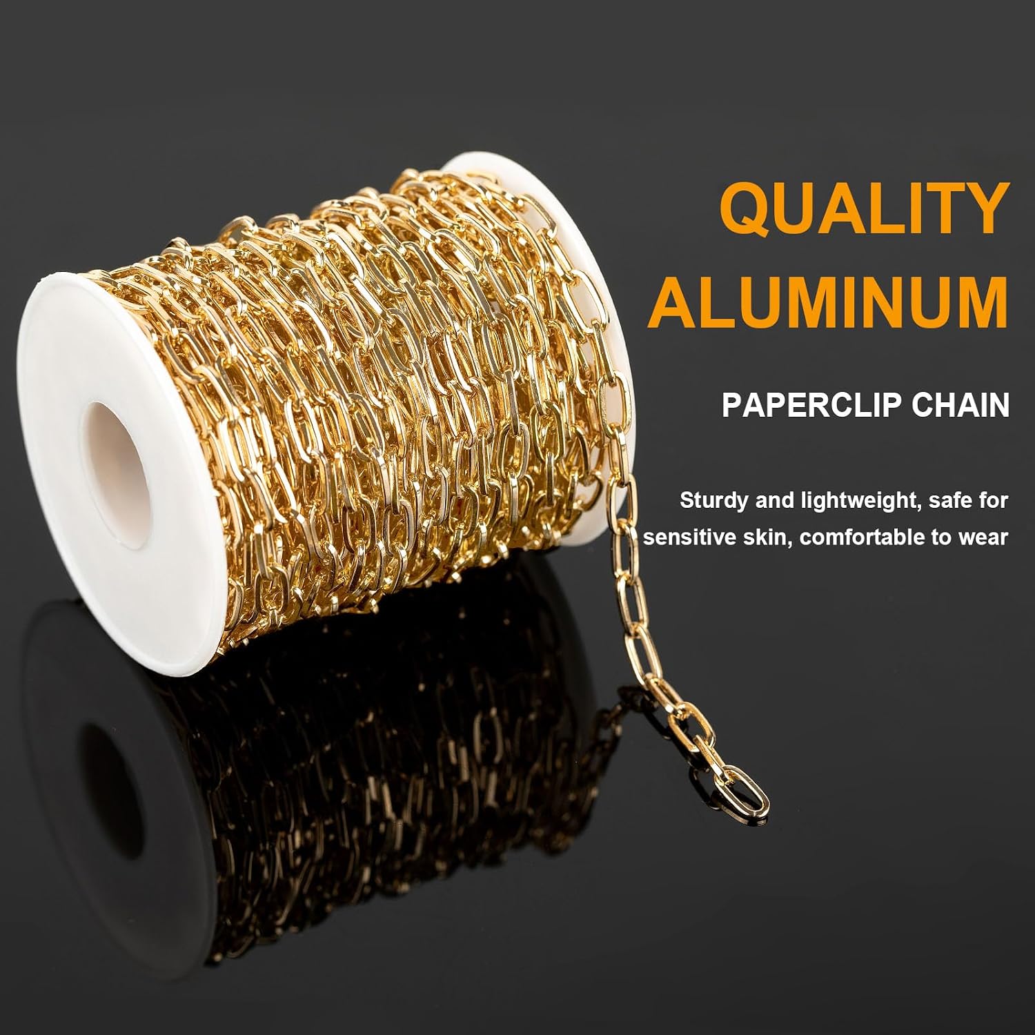 KYUNHOO 32.8 FT/10M Thin Paperclip Chain Bulk Aluminum Chain Link on Spool Gold Jewelry Making Chains for Craft DIY Finding Supplies