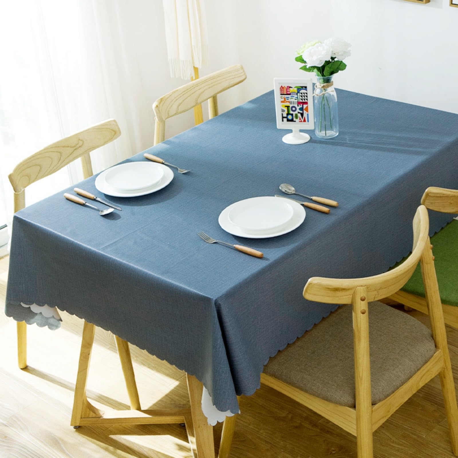 Lukery Table Cloth Wipe Clean, Solid Color PVC Rectangle Tablecloth Splash Proof, Waterproof Table Cover for Outdoor Dining Garden Picnic (Blue 1,140 * 220cm)