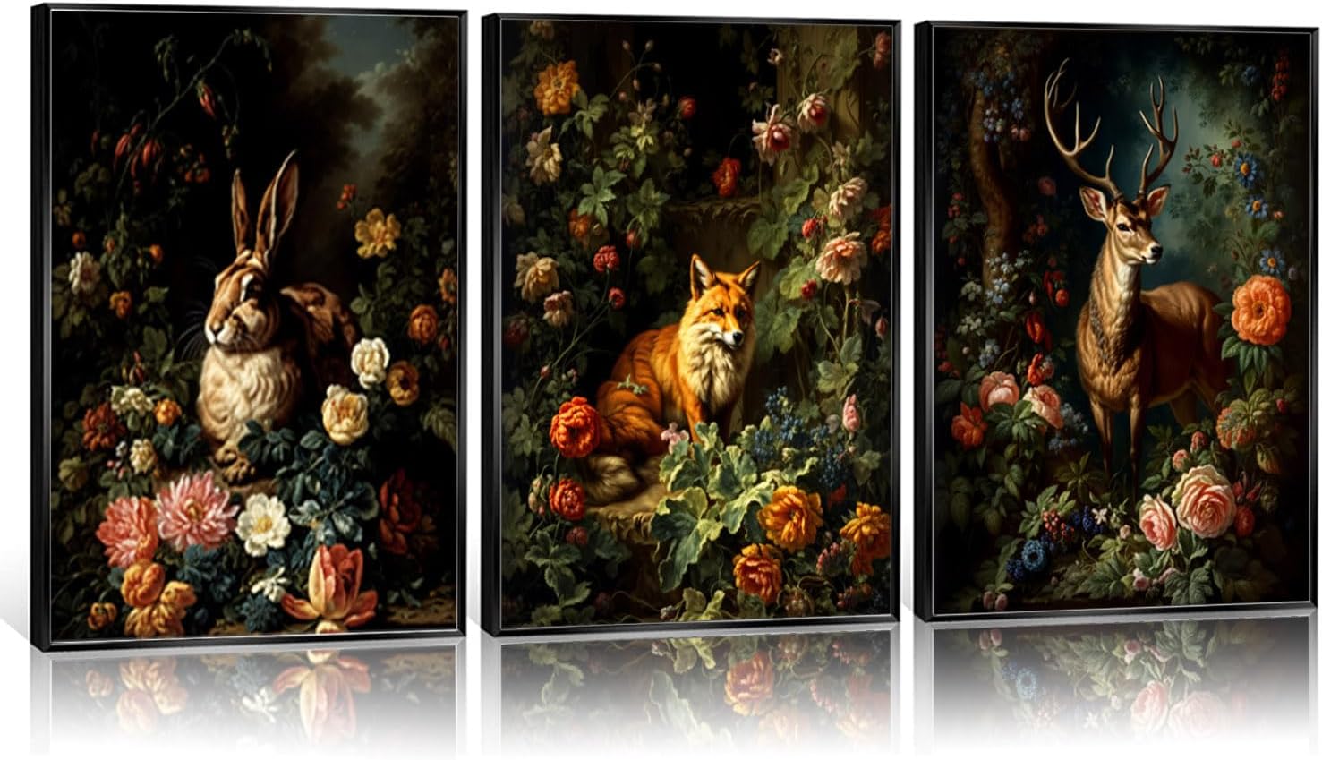 3 Piece Framed Forest Wall Art Animal Fox Elk rabbit Canvas Prints Victorian Gothic Botanical Floral wall art for living room Bedroom Decor Retro Plant Oil Paintings Prints Ready to Hang 12x16in