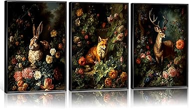مجموعة لوحات فنية جدارية من 3 قطع ملصقات قماشية مطبوعة على شكل حيوان الغابة والثعلب والايل والارانب لوحة الطراز القوطي الفيكتوري لغرفة المعيشة وغرفة النوم زيتية نباتية رترو