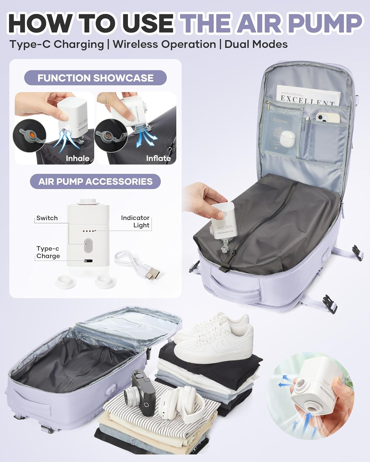 WONHOX Vacuum Seal Travel Backpack with Air Pump,Compression