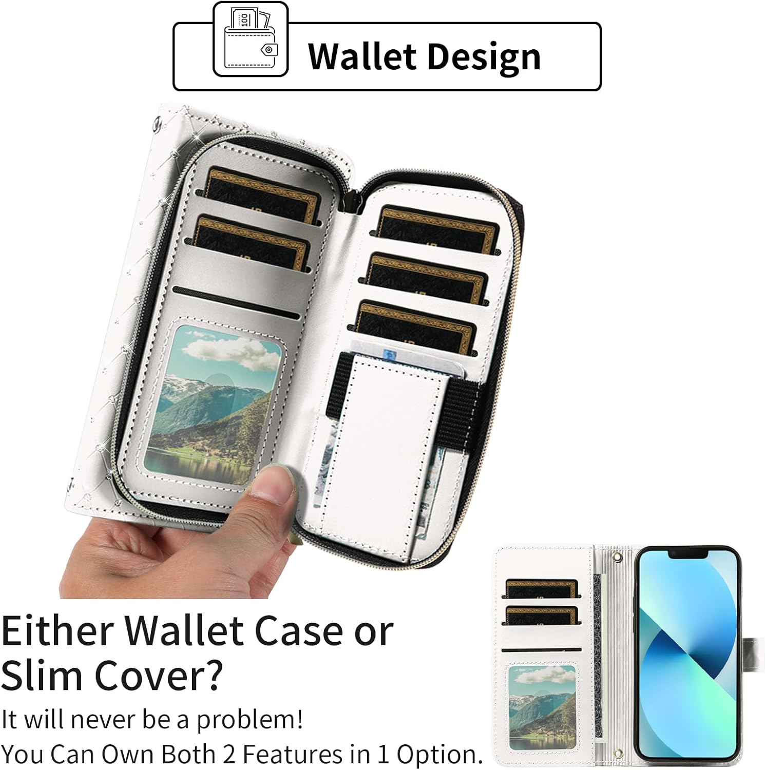 Phone Cover for iPhone 13 6.1 inch Wallet Case Cell Zipper with Screen Protector Crossbody Lanyard Strap Bling Glitter Flip Card Holder Slot iPhone13 5G i i-Phone i13 iPhone13case Women Girls White