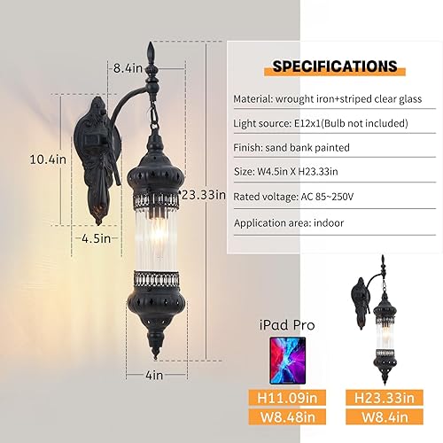 Miniatura 4 de Lámpara de pared estilo vela vintage negra de 23.33 pulgadas, lámpara de pared gótica para dormitorio, lámpara de pared de vidrio rústico para