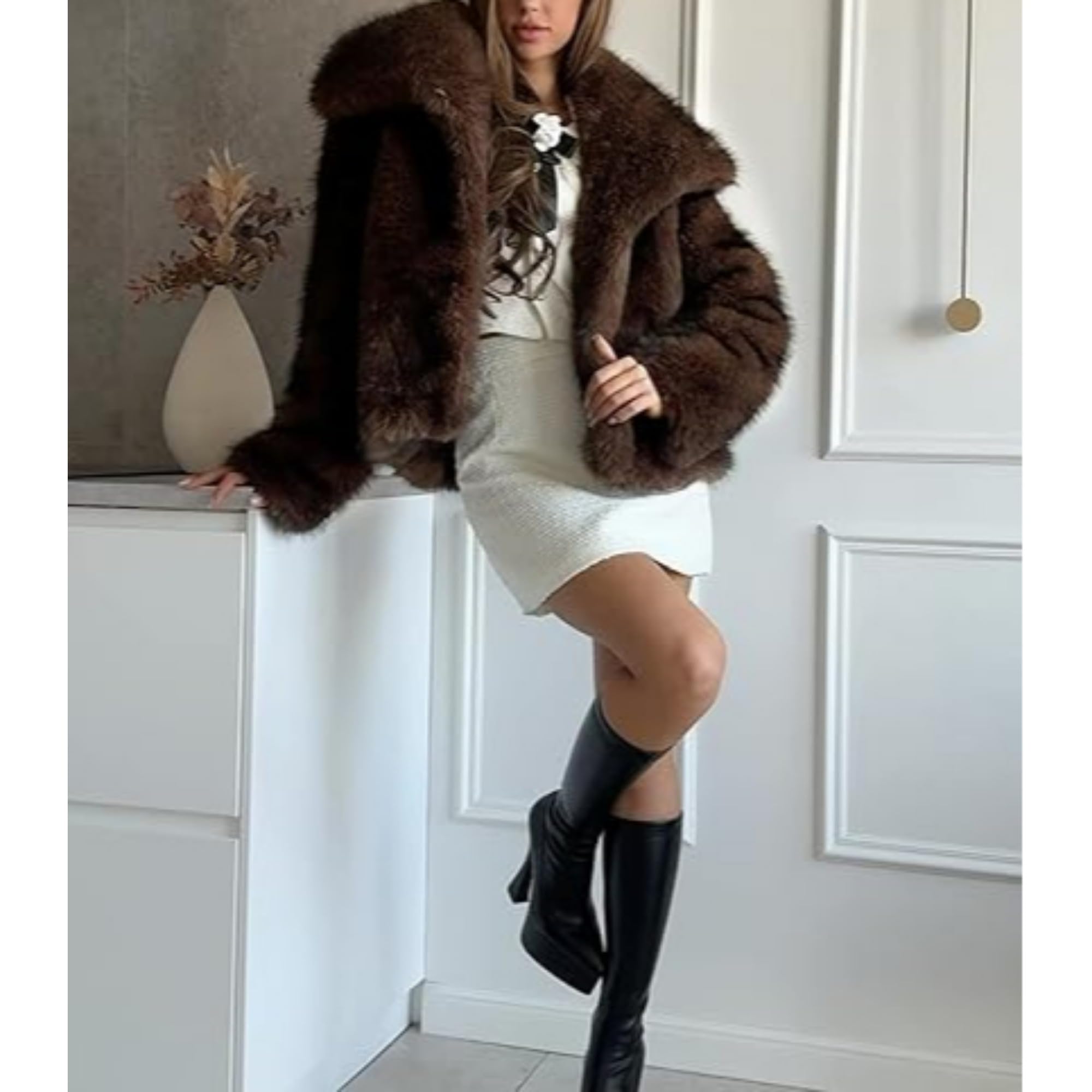 Giacca da donna in pelliccia sintetica, a maniche lunghe, con apertura frontale, invernale, calda e morbida, cappotto corto