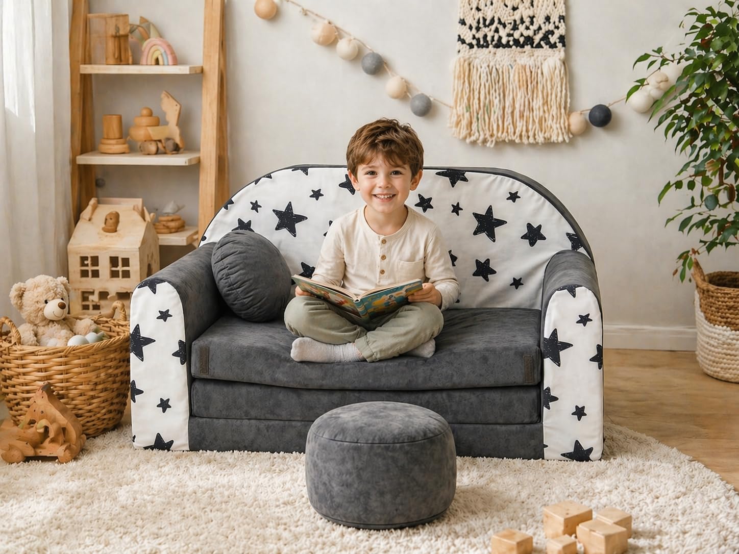 Sofá Cama Infantil 2 Plazas Convertible Plegable AC1 Gris con Puf
