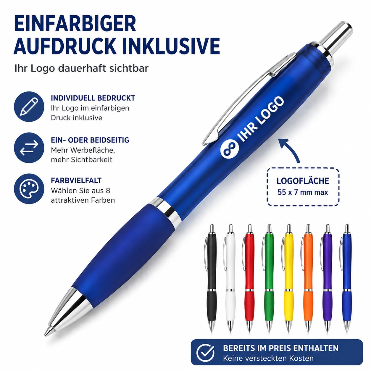 WPRO Kugelschreiber mit Logo 250 Stück, blau schreibend, rot, personalisierte Werbekugelschreiber, einfarbiger Aufdruck inklusive, beidseitig oder mehrfarbig bedruckbar