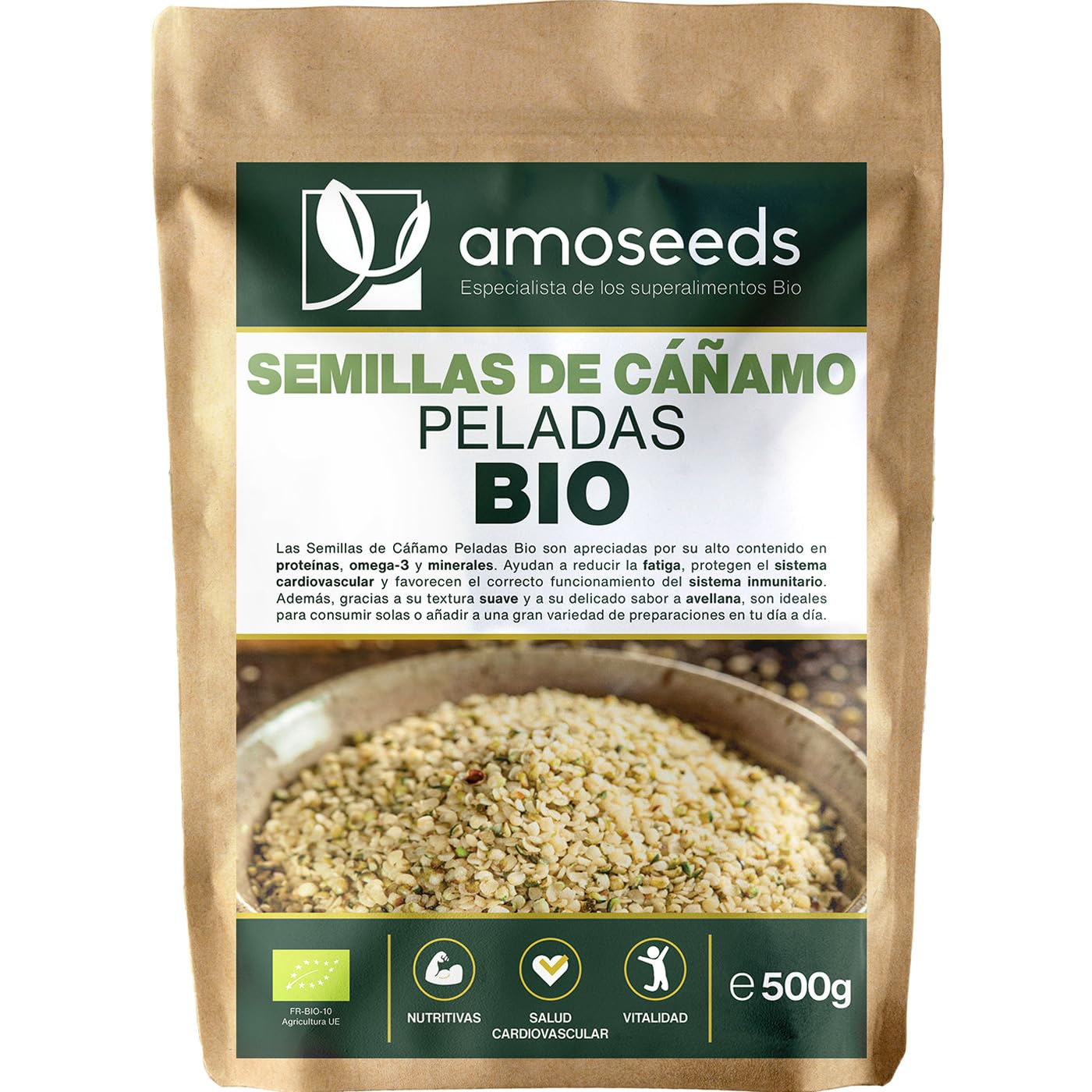 Semillas de Cañamo Peladas Bio 500 g | Origen Europeo | 100% Hemp seeds Naturales, Descascaradas y Crudas | Sin gluten | Primera Calidad