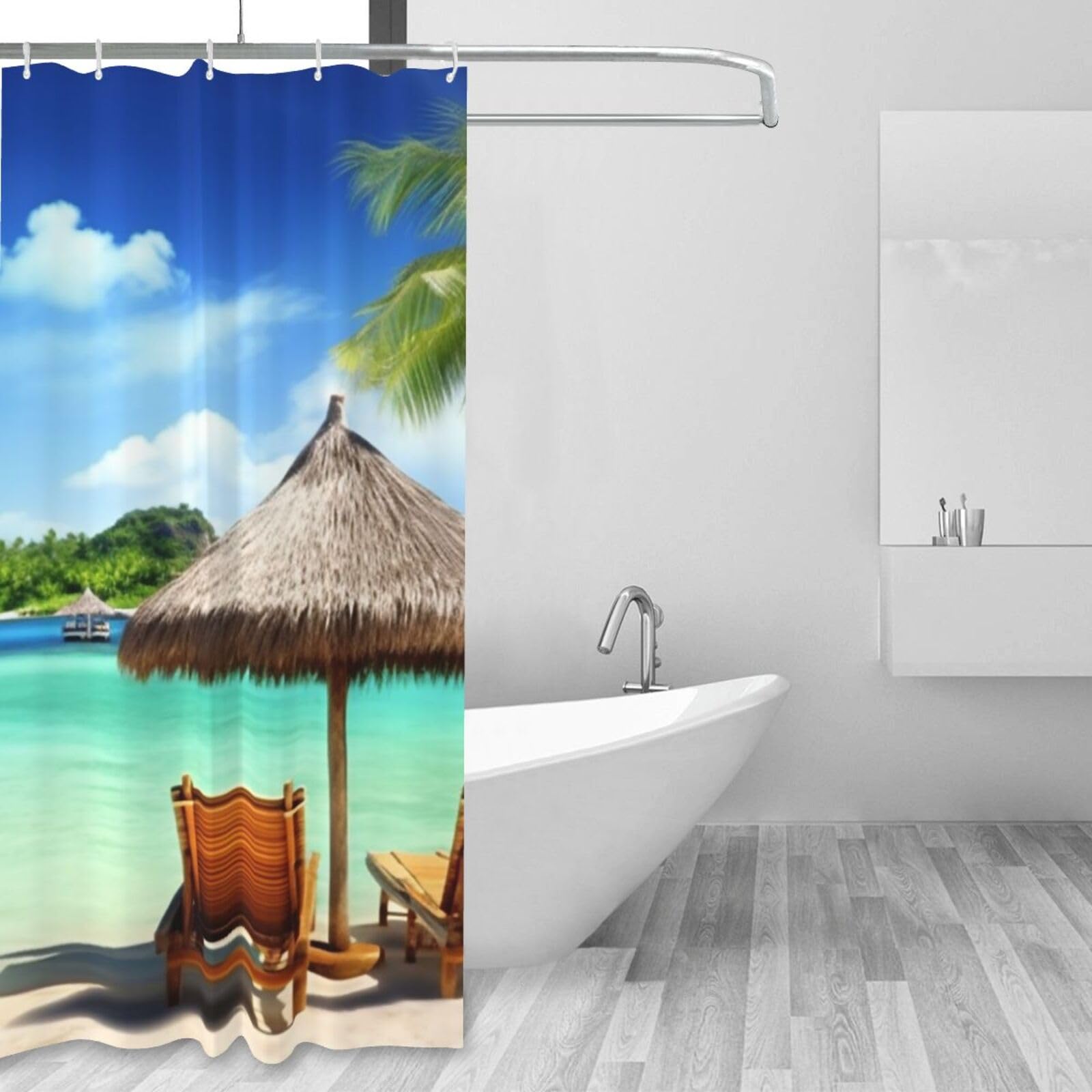 Rideau de douche anti-moisissure imperméable 152 x 183 cm décor exotique avec 12 anneaux