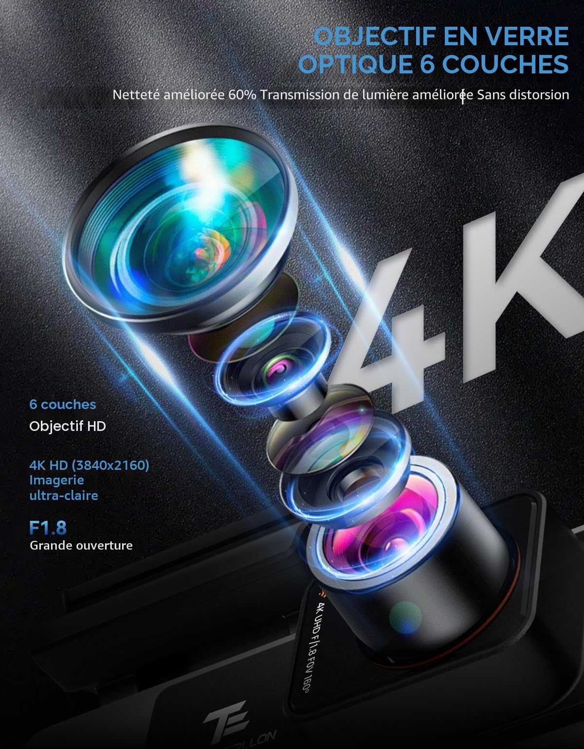 TECXERLLON Caméra embarquée avant et arrière, double caméra de tableau de bord 4K, caméra de tableau de bord pour voiture avec vision nocturne étoilée, grand angle 160° avant et arrière 150°, GPS, WDR