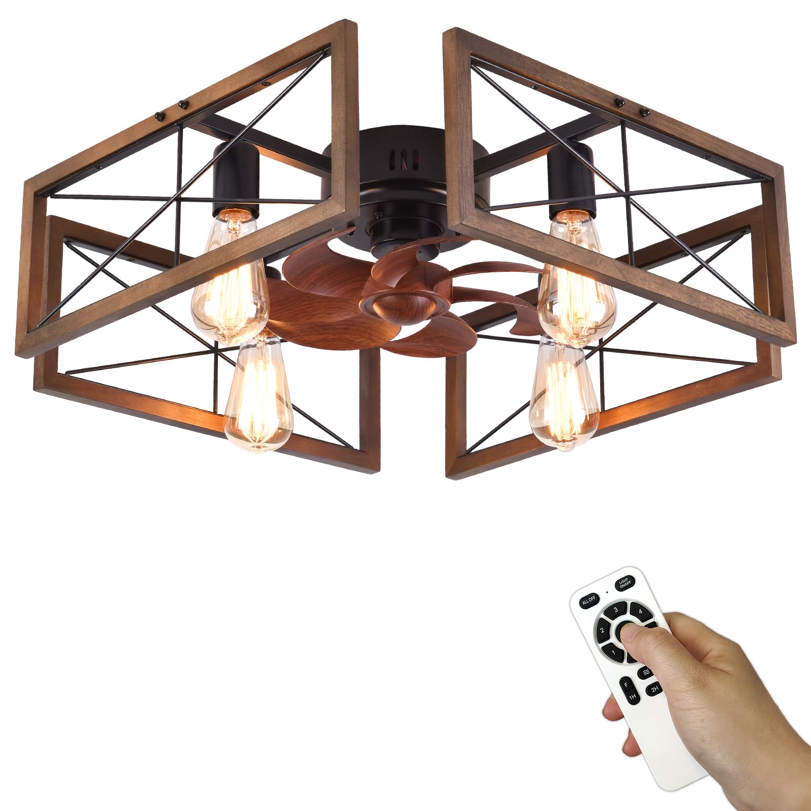 Capslpad 20''Farmhouse Flush Mount Ceiling Fan with Light and Remote Control,Industry Wood Low Profile Fan Rustic Industrial Caged Indoor Ceiling Fan for Bedroom Living Room Kitchen (4-Light)