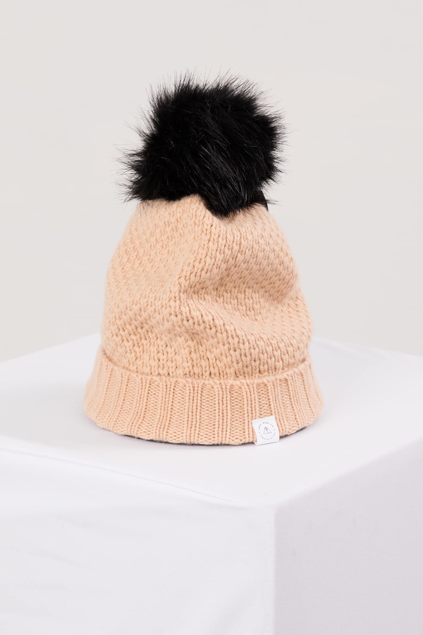 Berretto | Beanie Invernale con PON PON di Pelliccia Sintetica Particolare in Cachemire al 100% (Taglia Unica)