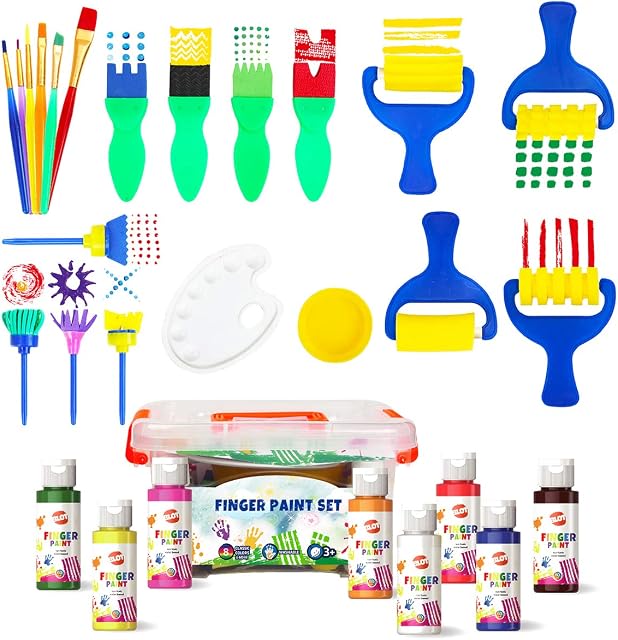 Early Learning Kids Paint Set Washable Finger Paint with Assorted Painting Brushes Sponges Portable for Kids Toddlers Drawing Gifts, Age 3+