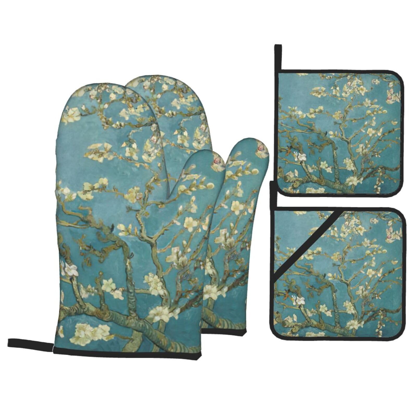 almond blossom Print 4-Piece Oven Microwaving Set Waterproof Kitchen Gloves for Baking Grilling Cooking