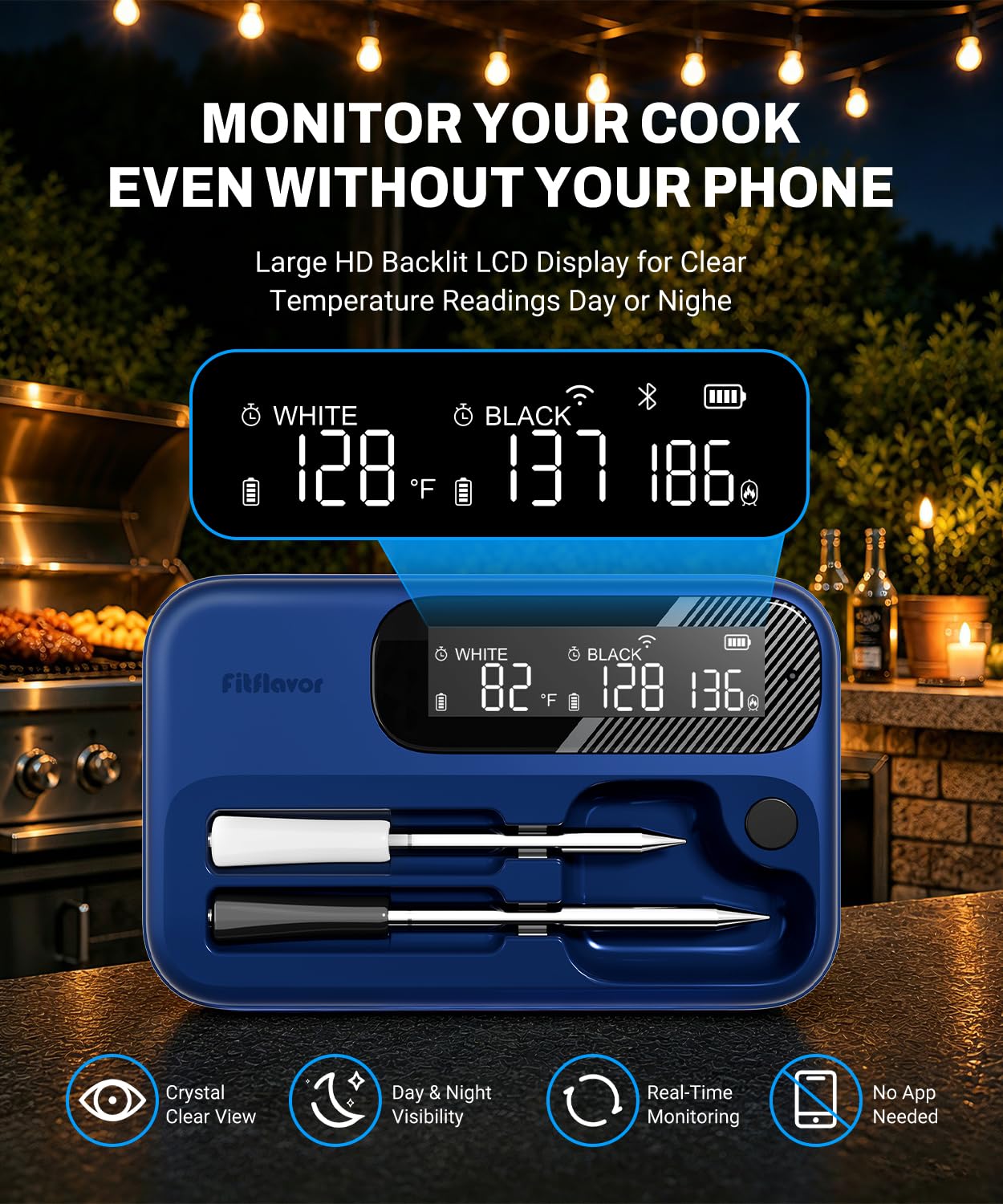 Drahtloses Fleischthermometer mit 2 Sonden, Bluetooth 5.4 & 5G WiFi Smart Fleischthermometer, Unbegrenzte Reichweite App gesteuertes BBQ Grillthermometer, LCD Display, IP67 Wasserdicht für Smoker Ofen