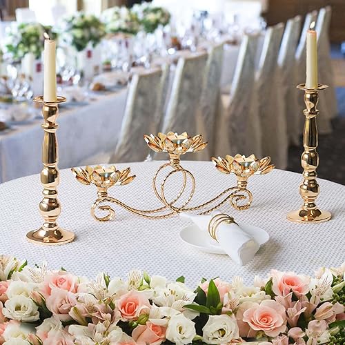 Miniatura 6 de Juego de 2 candelabros votivos de cristal dorado para velas de té, 3 brazos en forma de flor, para centro de mesa, boda, fiesta y decoración del