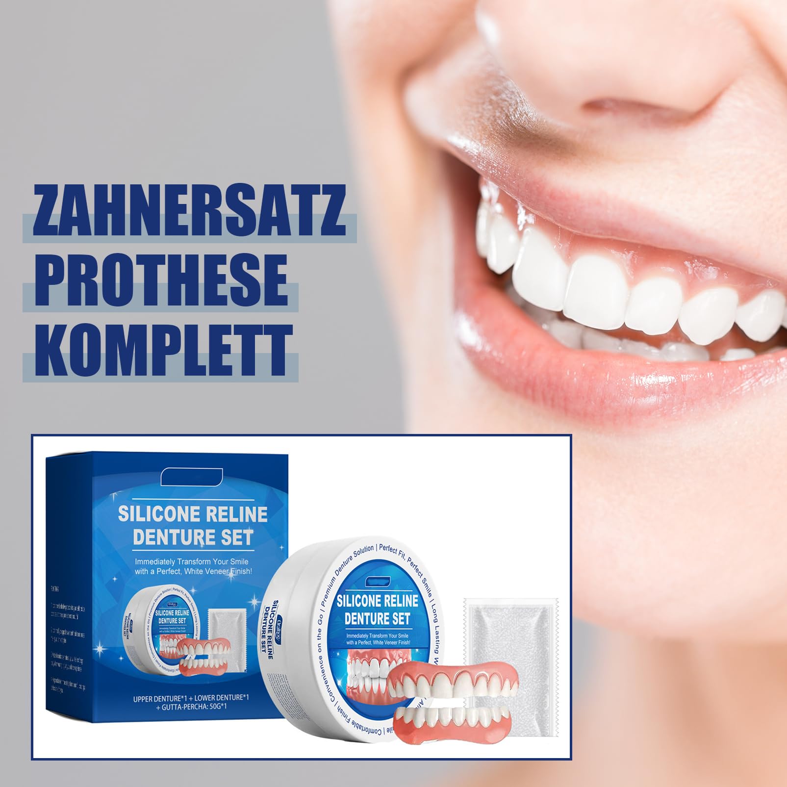 Silicone Reline zestaw do zębów, zestaw silikonowych protez zębowych, kompletny zestaw protez, wygodne protezy silikonowe, miękkie protezy do nakładania, kosmetyczne, tymczasowe protezy