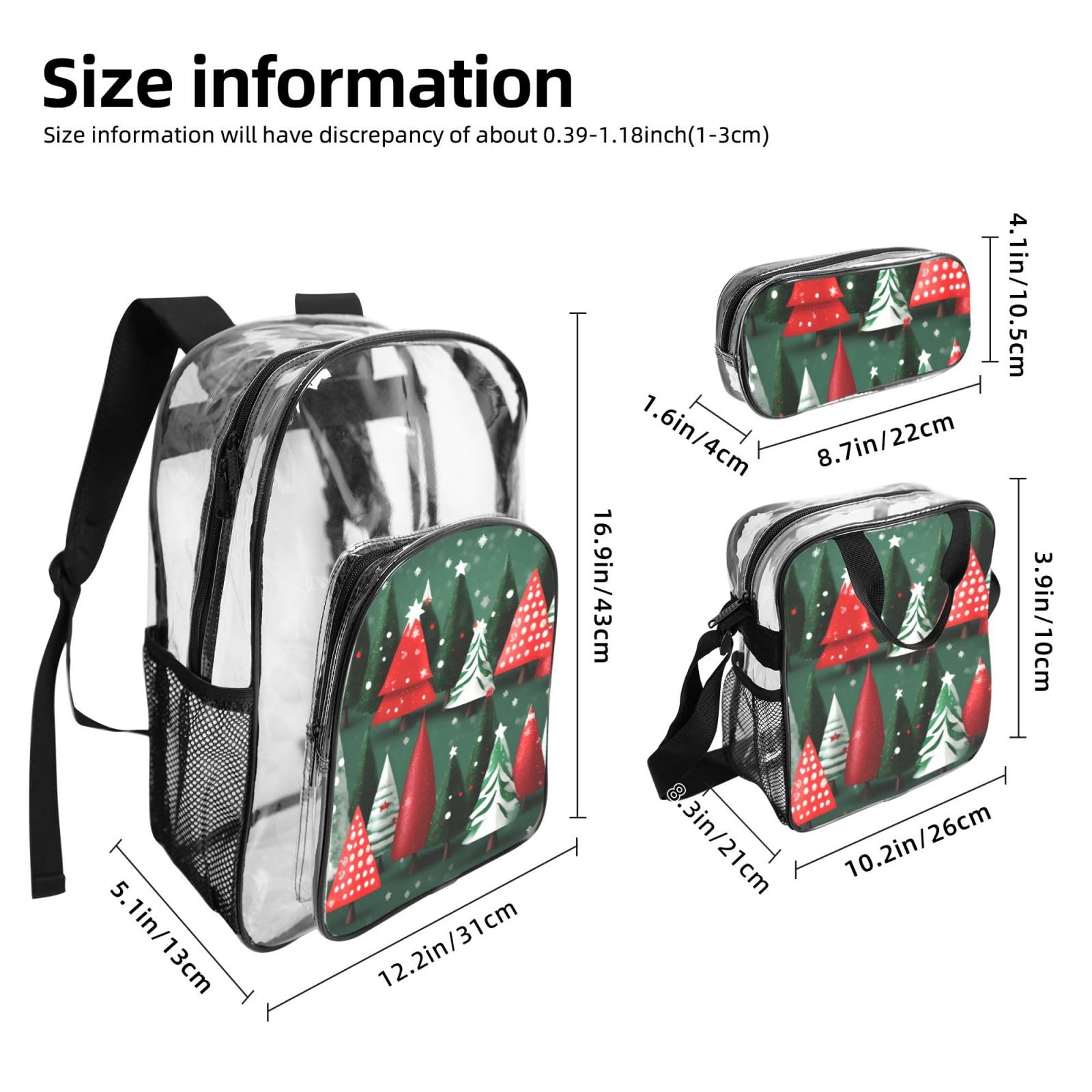 Choinka nadruk przezroczysty plecak zestaw unisex 3-częściowy przezroczysty torba na lunch piórnik podróżny na zewnątrz