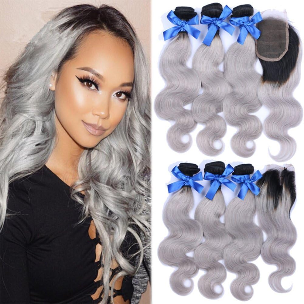 Brazilian Body Wave Gray Hair Weave 3 Bundles With 4x4 Lace Closure 4Pcs Lot Silver Grey Ombre Hair Extensions With Closure Two Tone 1B/Grey Dark Root Ombre Virgin Human Hair (10+12 14 16)
