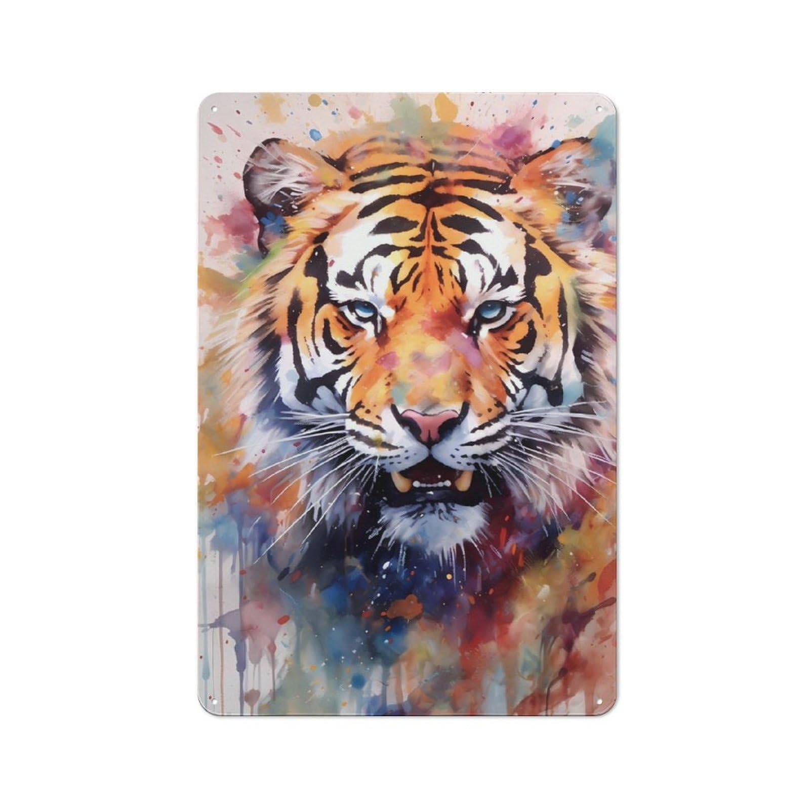 Junmoney Tiger Watercolor For Garden Room Or Summerhouse, Retro Metal Sign 30X20cm, For Metal Sign Collectors, For Vintage Wall Decor Fans