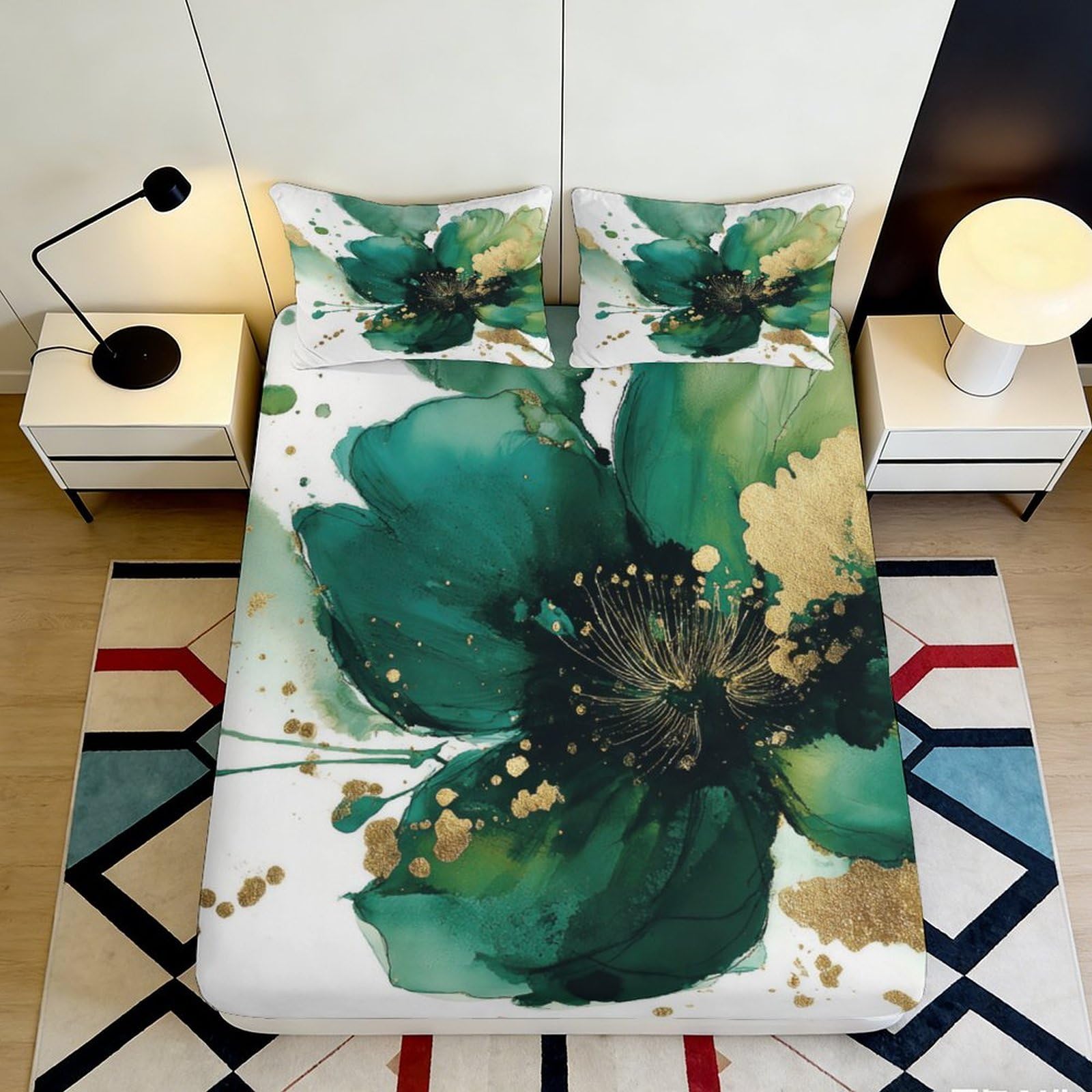 3D Printed Green Watercolor Floral Fitted Sheet Microfiber Soft Breathable Gold Splash Bed Cover for Bedroom Guest Room Mattress Decor 90x200x25cm