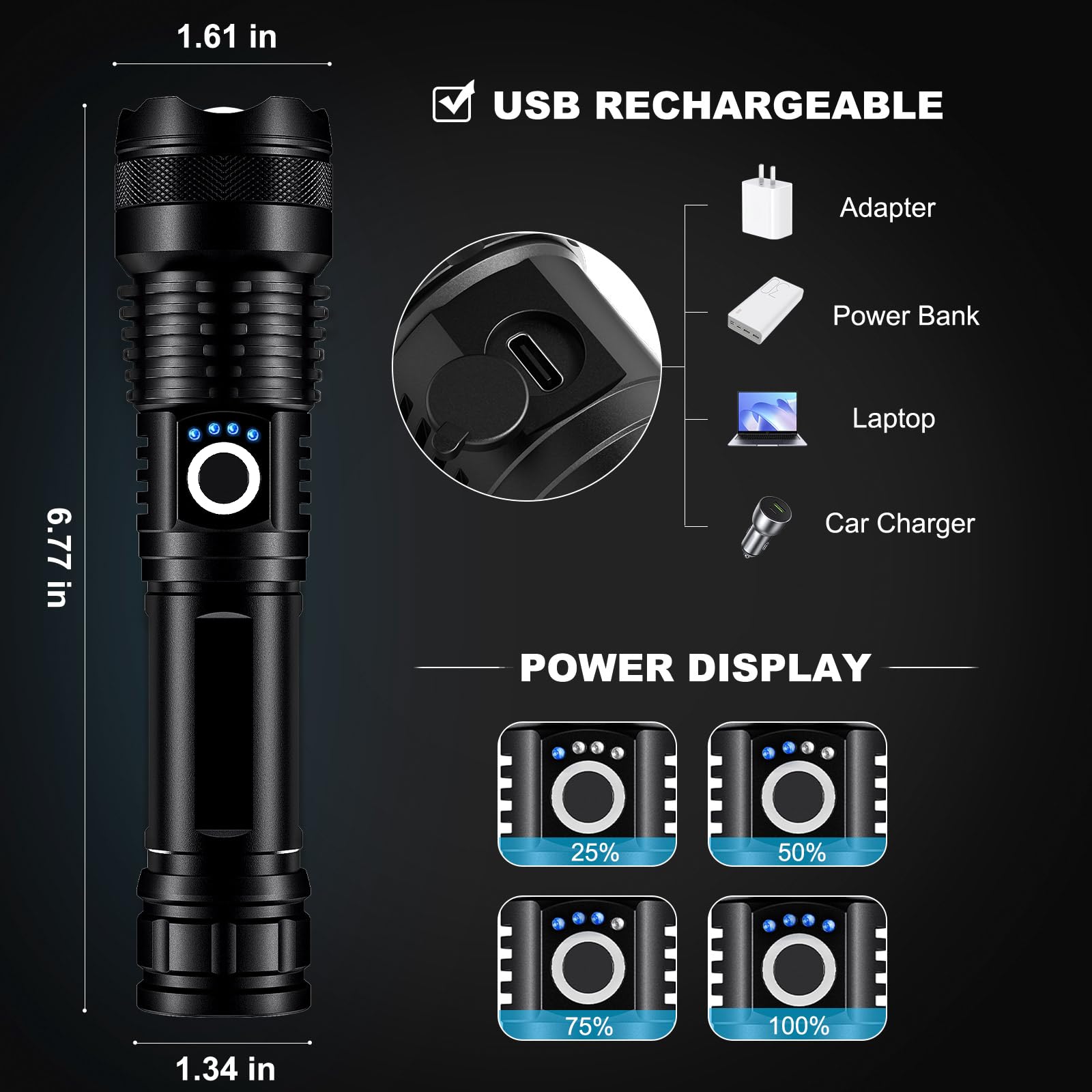 Paquete de 3 linternas LED recargables de alto lúmenes, linterna súper brillante de 9000 lm, ajustable con 5 modos de luz de flash potente con cable USB, linterna de mano impermeable para emergencias