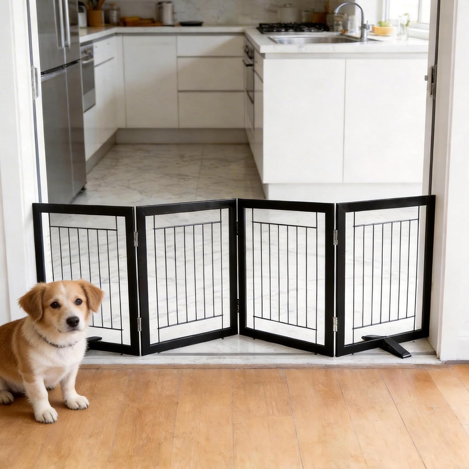 ZJSF Freestanding Dog Gate Indoor, Foldable Dog Fence for Doorways,Hallways or Stairs, Sturdy Wood Extra Wide Pet Gate with Support Feet,Black,24 "Height-4 Panels