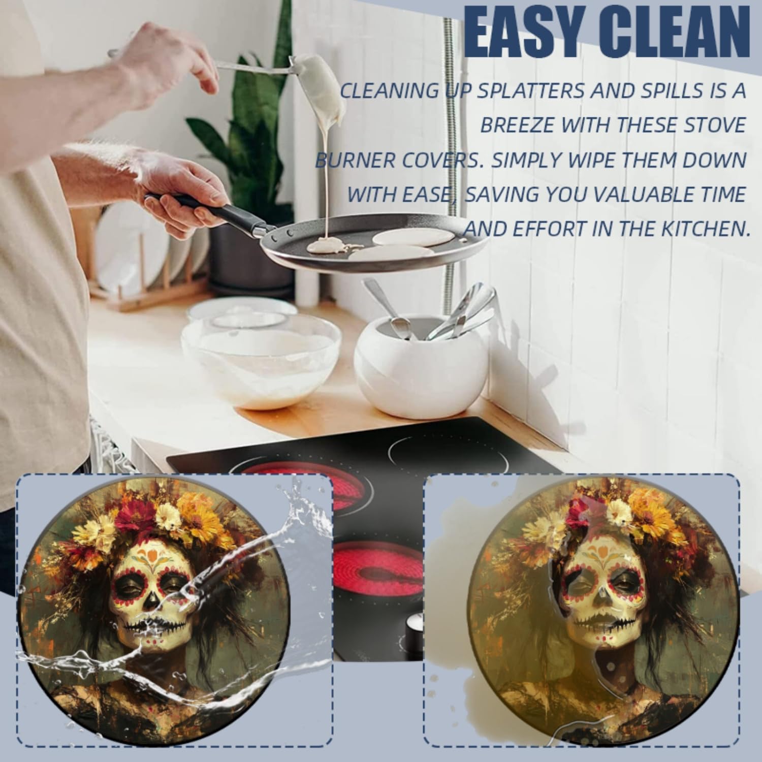 Electric Stove Burner Covers Set of 4 for Range Accessories, Wearing Skull Makeup Woman Wear Wreath Gas Metal Cover for Expanding Counter Space Stovetop Decor