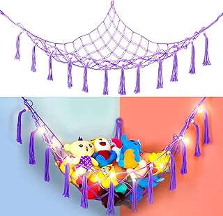 LinXius Stuffed Animal Hammock, Net for Stuffed Animals, Jumbo Toy Hammock for Stuff Animals with Led Lights Plush Toy Storage Corner Hanging Wall Net with Tassels Boho Corner Teddy Bear Net Purple