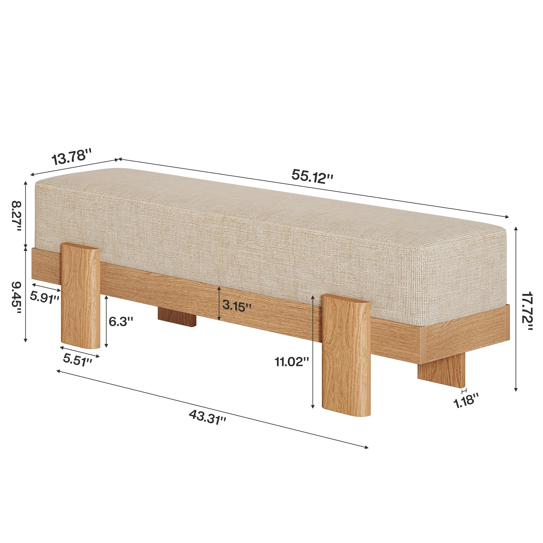 Tribesigns Banc Chaussures Entrée avec Tapissé, 140 x 35 x 45 cm, Moderne Banc à Chaussures avec Coussin épais Ultra-Moelleux et Structure en MDF, Bout de Lit pour Chambre à Coucher, Beige et Chêne
