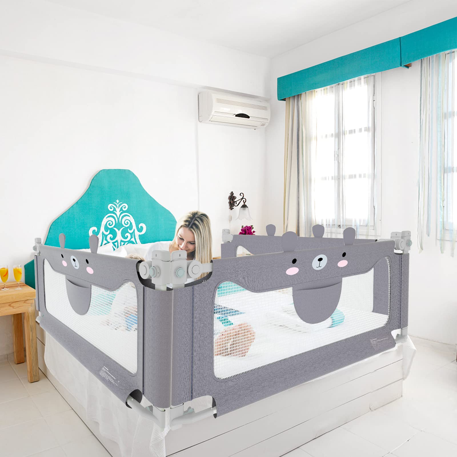 Aufun barandilla de Cama para riel de Cama para niños, protección contra caídas para Cuna elevación Vertical, riel de Cuna, para familias y Viajes, Gris, Osito, 200 cm