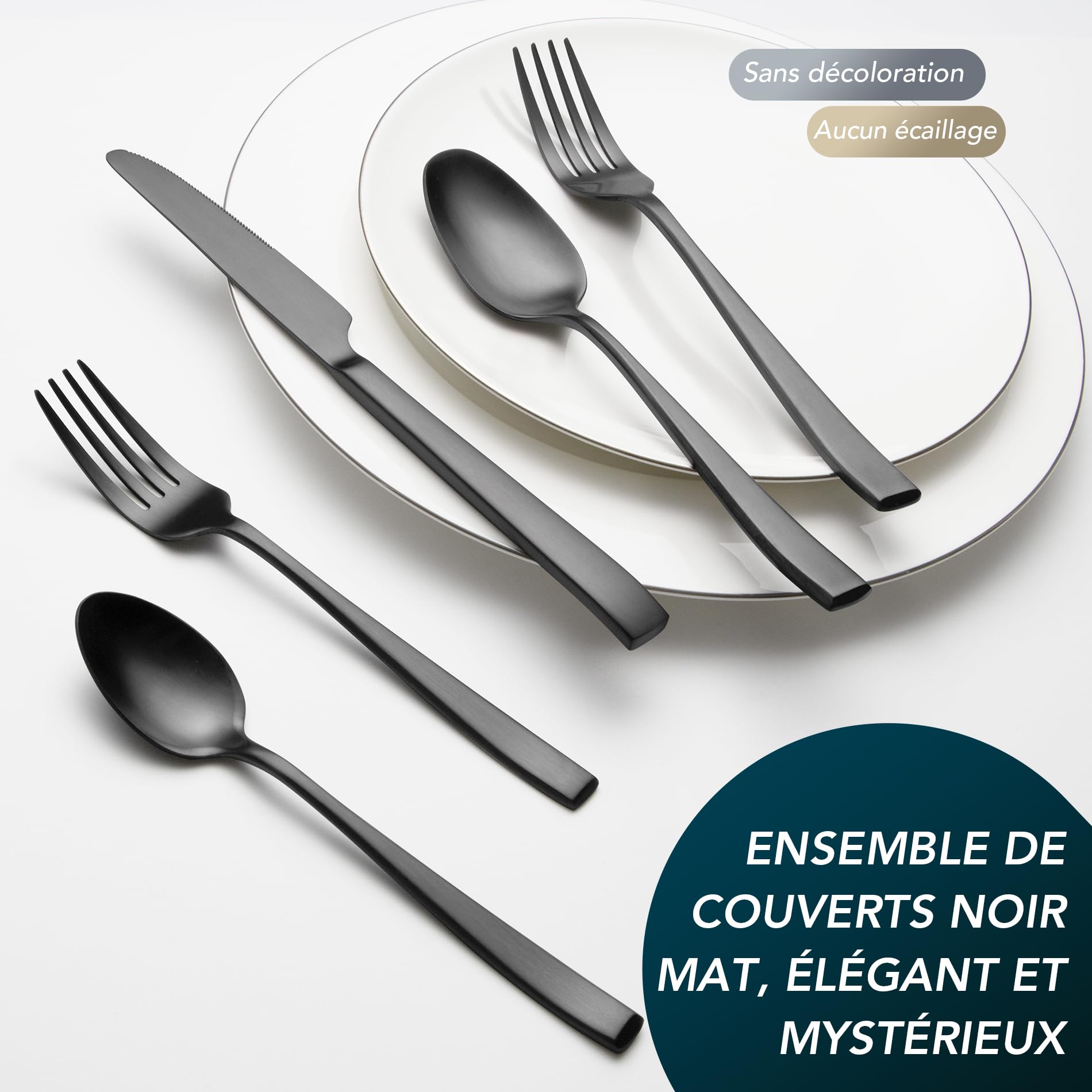 Lot de 30 couverts en acier inoxydable de qualité supérieure pour 6 personnes avec poignées uniques, couverts noirs modernes avec couteau, fourchette, cuillère