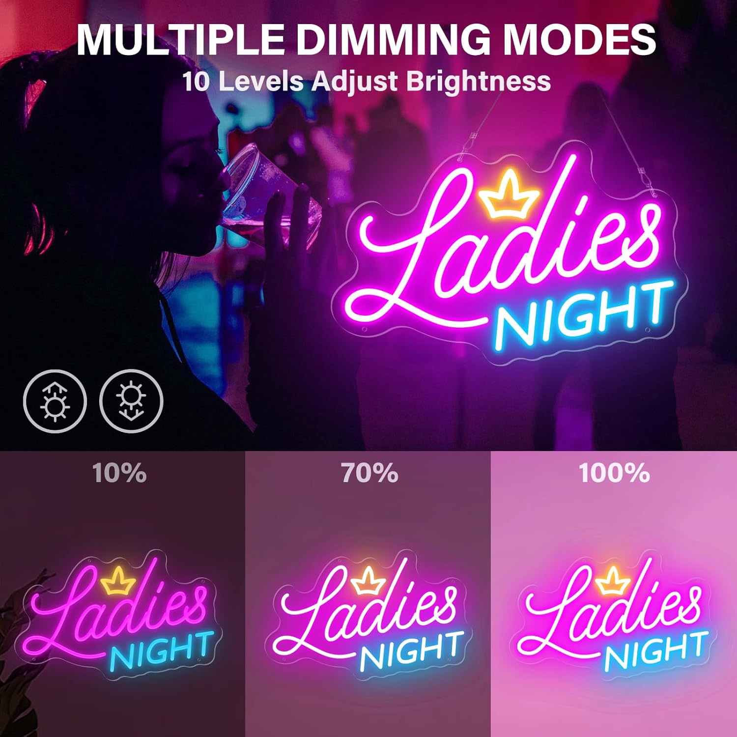 Ladies Night Pink Neon Sign for Wall Decor, Girls Night Out Themed Neon Light Sign, 10Ft Girl Party Neon Light Up Signs for Dinner Party,Wine Bar,Singles Night With Dimmer (Pink and blue ladies night)