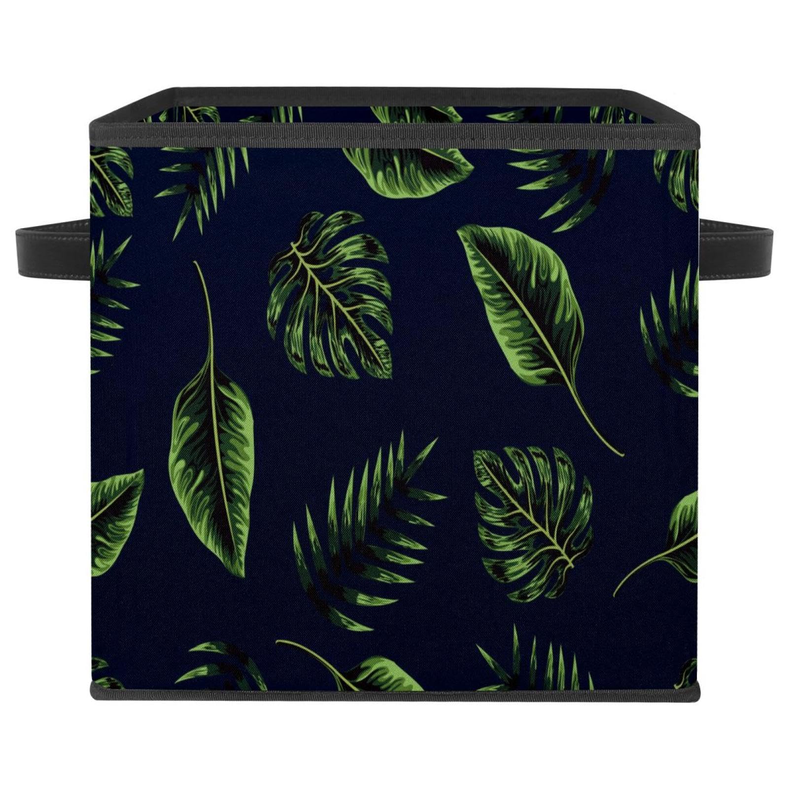 Boîte de rangement pliable cube bleu marine aux motifs de feuilles tropicales